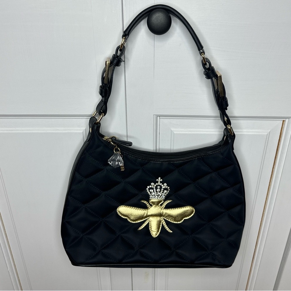 My Flat In London Black Quilted Satchel Handbag Purse Gold Queen Bee Rhinestone
